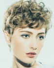 Short hairstyle with a sleek back and curls about the forehead