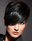 Glossy black hair with green highlights
