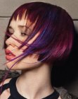 Bob with razor-cutting and purple hair extensions