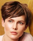 Very short at the sides pixie cut with longer hair at the top