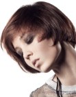 Short back angled bob with bangs and feathered sides