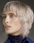 Collar length haircut with layers and short arched bangs