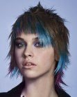 Punky short cut for brown hair with blue and purple accents