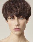 Modern brunette bowlcut with layering