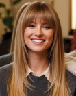 Long blonde hair with soft bangs