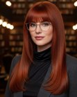 Long sleek red hair with bangs
