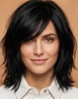 Shoulder-length black hair with a fringe