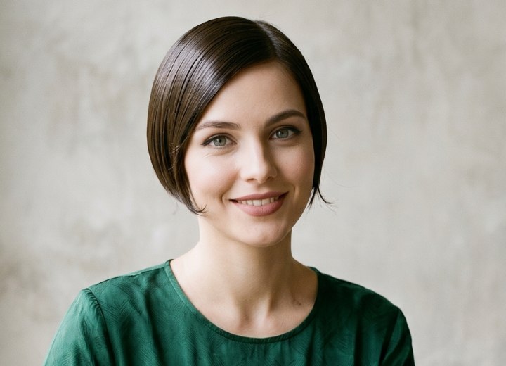 Short, 1920s bob with brilliantine styling