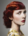 1940s vintage updo with curls and curved bangs