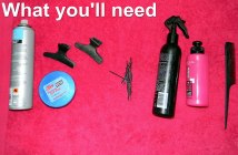 Tools and hair products to create a high bubble updo
