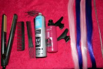 Tools and hair products to create a Lady Gaga up-style