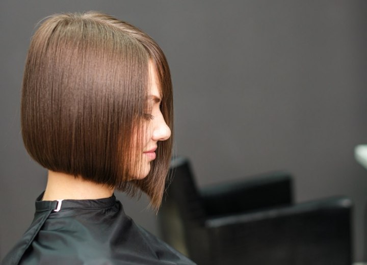 Angled bob, cut just below the chin