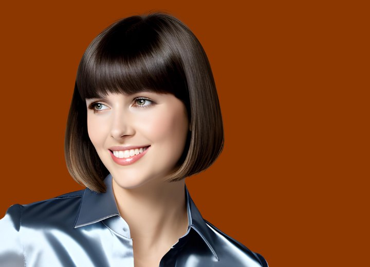 Brunette, wearing her hair in a sleek bob