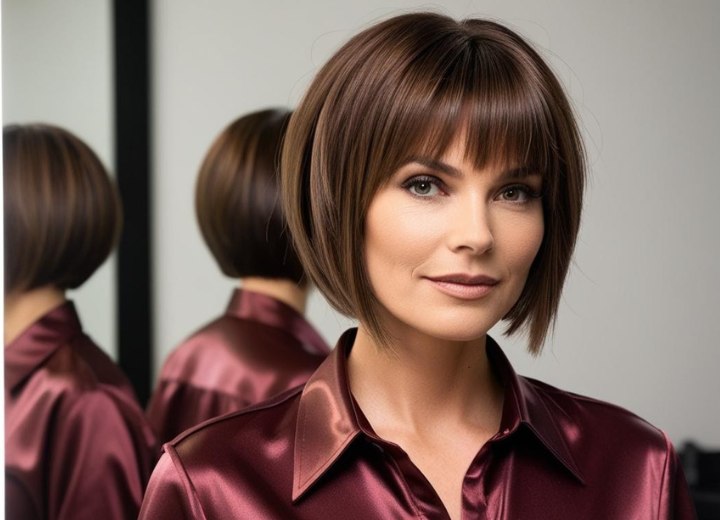 Fashionable short haircut - Angled bob with bangs