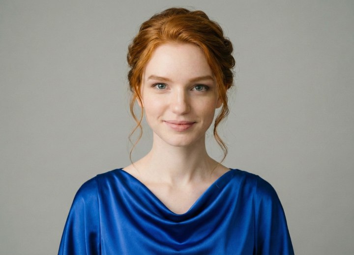 Young woman with red hair in a French twist and formal wear
