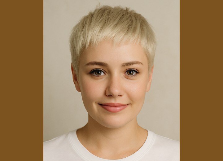 Blond pixie cut with mini bangs for a wedding