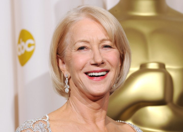 Helen Mirren with a bob hairstyle that softens the age lines