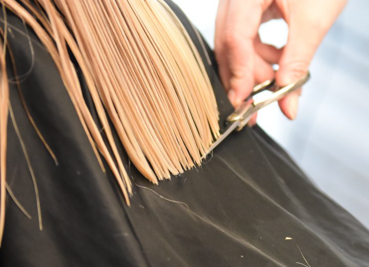 Hairdresser, trimming long blonde hair