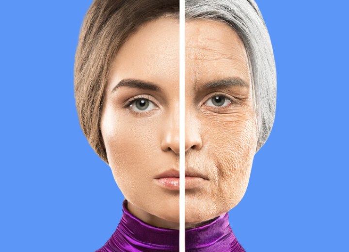 Comparison of a woman when she is young and then old with gray hair