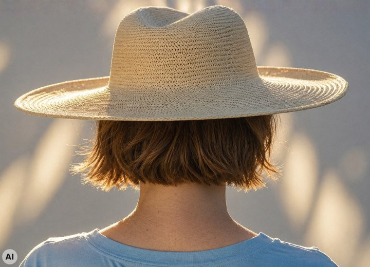 Donna che indossa un cappello di paglia per proteggere i capelli dal sole