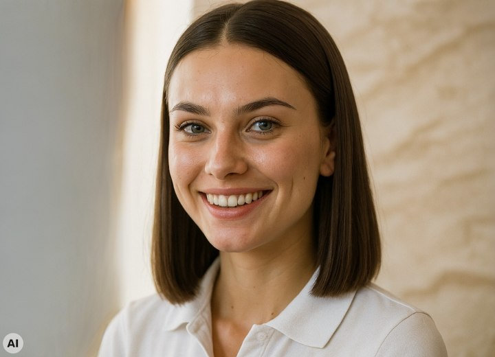 Ragazza con un caschetto preppy su capelli di media lunghezza