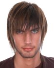 Long male hairstyle with razor-cut tips and bangs