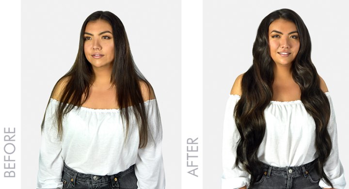 Woman before and after clip in hair extensions