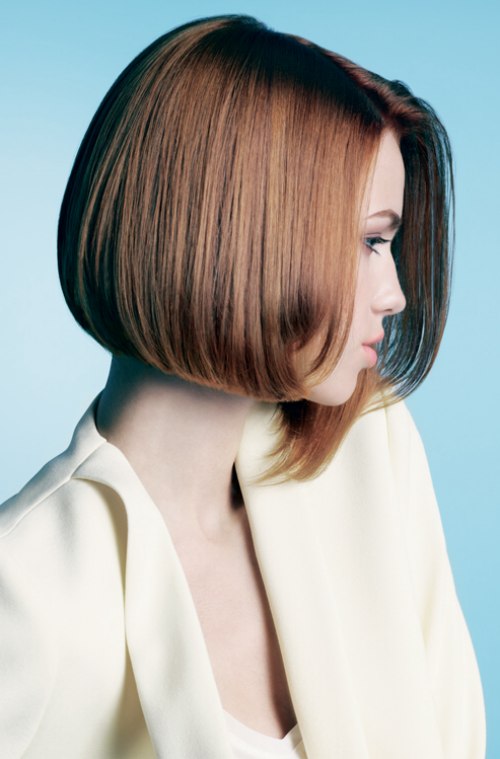 Asymmetrical bob with one side curling inwards