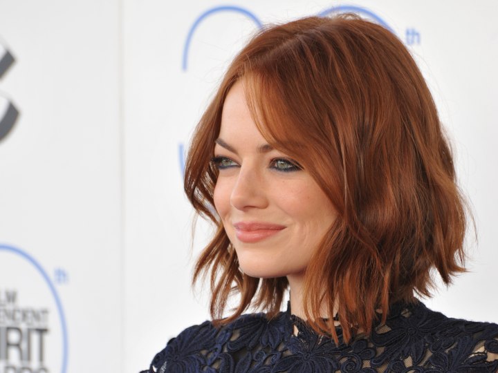 Emma Stone's long bob style with a center part