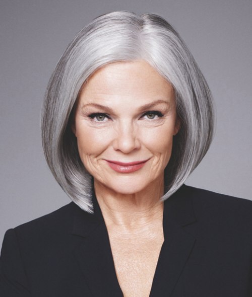 Long bob with a curved angle for gray hair