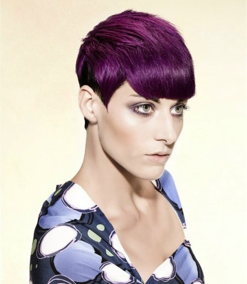 Purple pixie cut with bangs