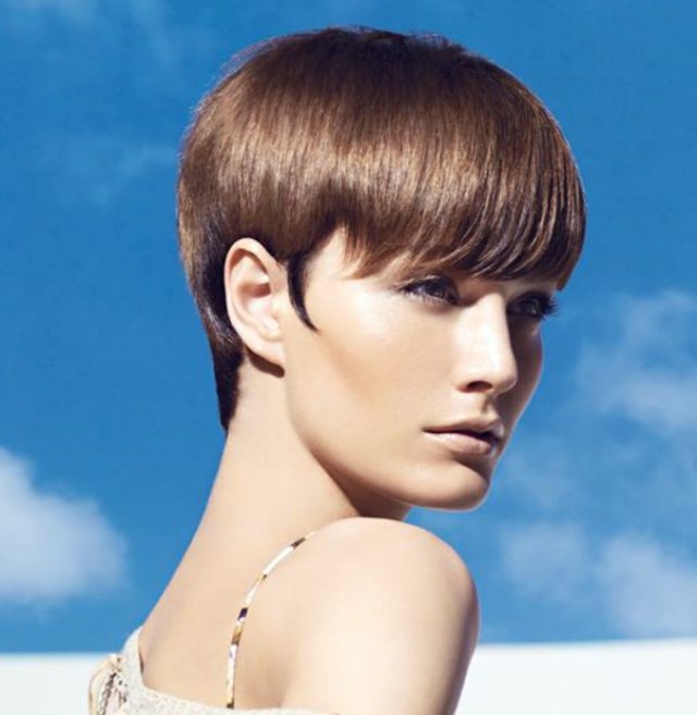 Brunette pixie cut with bangs