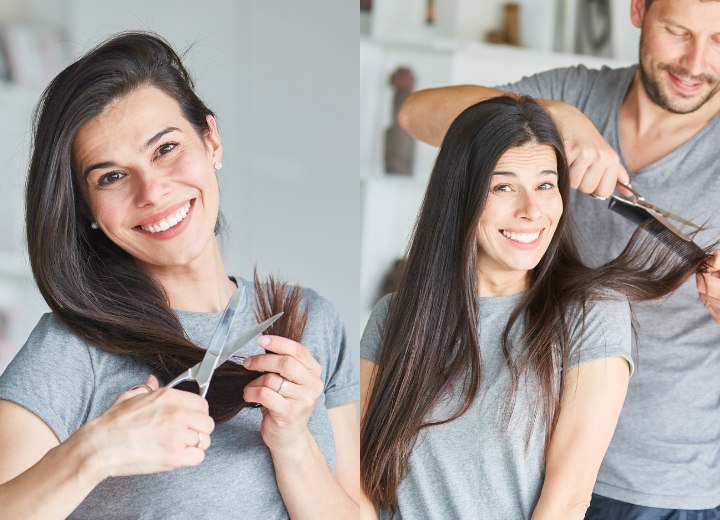 Mulher cortando as próprias pontas duplas e um homem cortando o cabelo da esposa