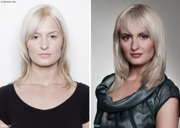 Blonde hair model before and after clip tape extensions makeover