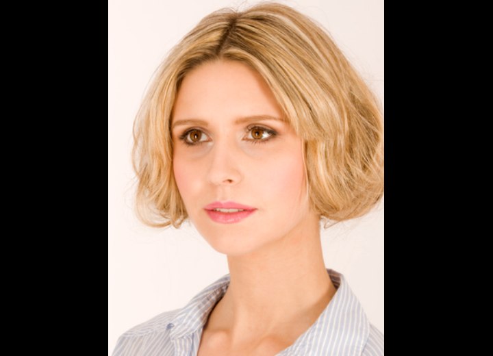 Hair styled up into a fake bob