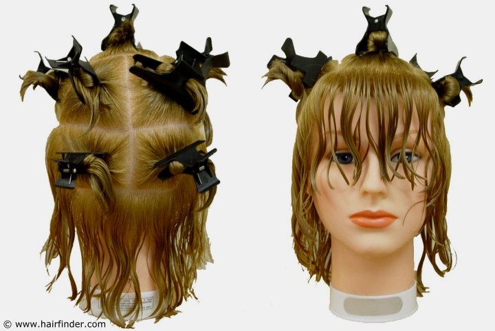 Sectioning hair in preparation for haircutting, 7-section parting