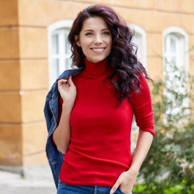 Brunette wearing a red turtleneck