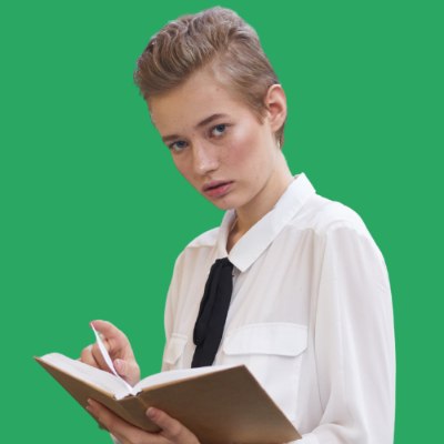 Girl with short hair reading a book