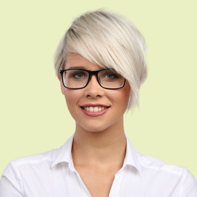 Woman with short hair and glasses