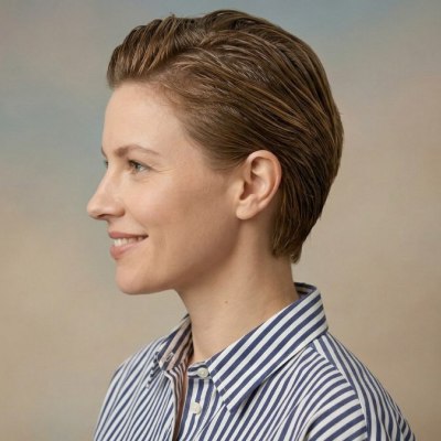 Woman with short hair, wearing an oversized shirt