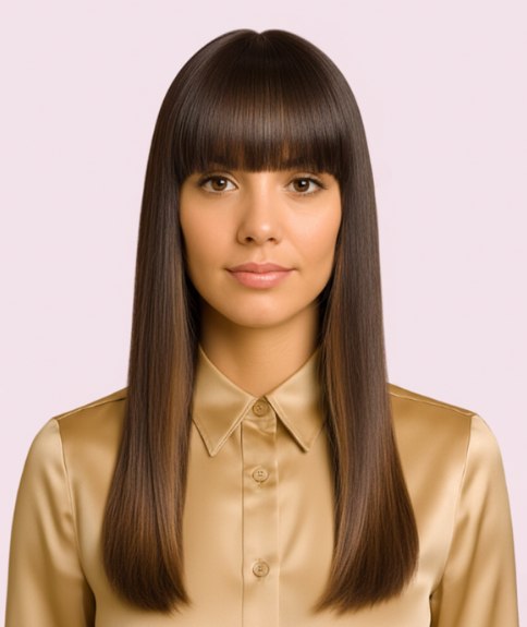 Long straight hair with blunt bangs