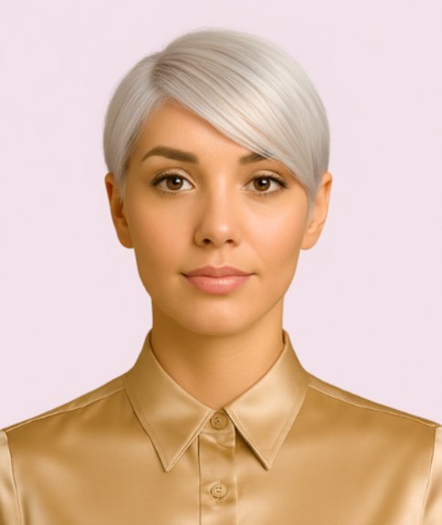 Sleek platinum pixie cut