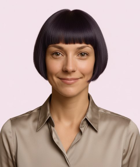 Modern blunt jawline-length bob with bangs