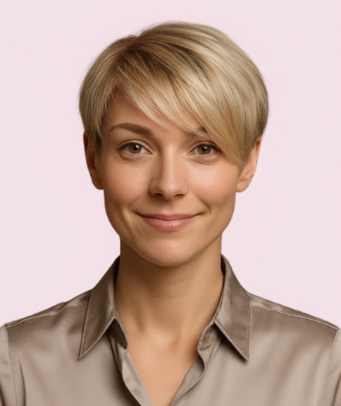 Sleek blonde pixie cut that hugs the head