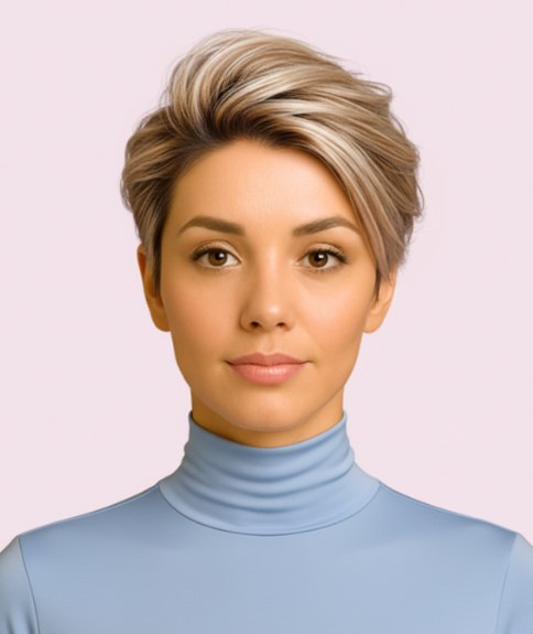 Edgy asymmetrical pixie cut for multi-tonal blonde hair
