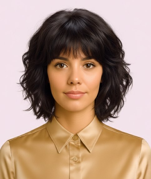 Edgy long bob with bangs and choppy layers