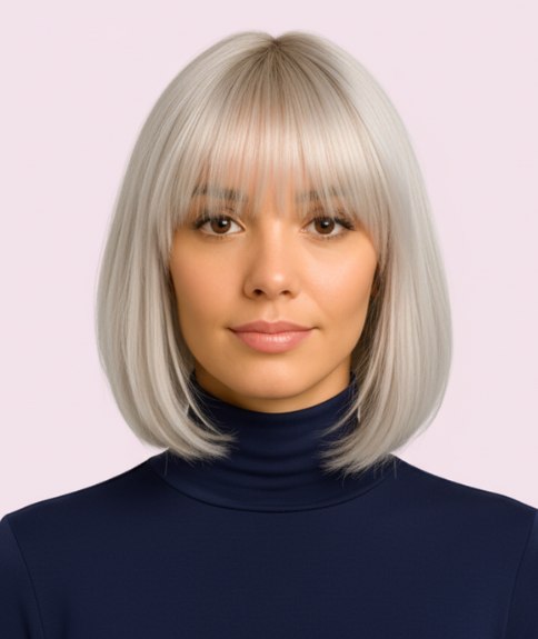 Blonde between the jaw and shoulders bob with a fringe