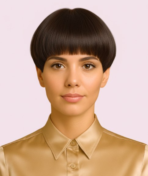 Classic bowl-cut with a blunt-cut fringe