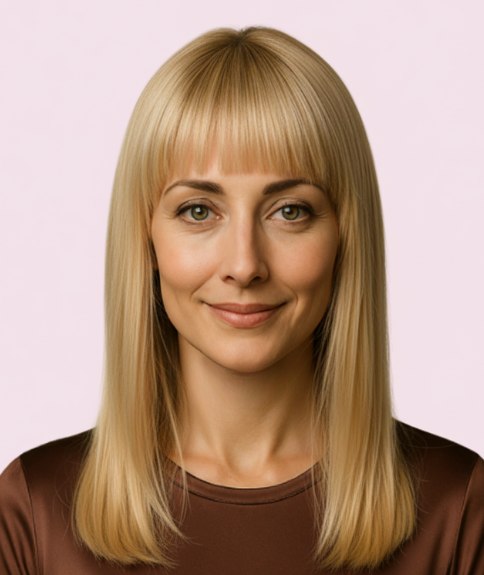 Straight long hairstyle with bangs and sleek styling