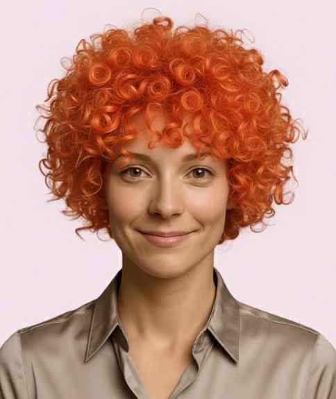 Short hairstyle with copper curls that frame your face